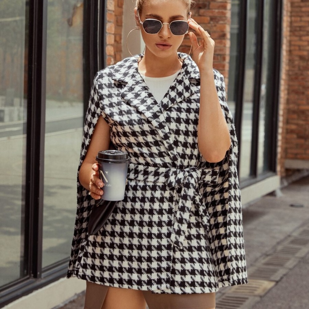 Houndstooth Pattern Belted Tweed glam Cape Jacket Coat - Picture 2 of 7
